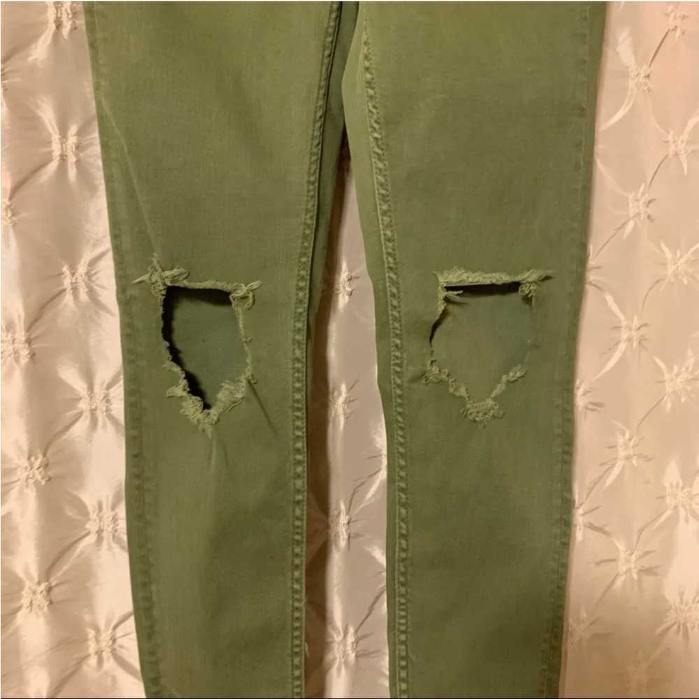 Free People High Rise Busted Olive Green Distressed Skinny Jeans - Picture 5 of 15